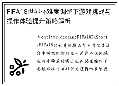 FIFA18世界杯难度调整下游戏挑战与操作体验提升策略解析